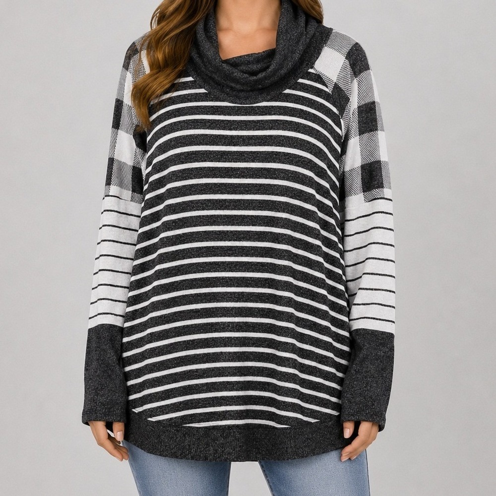 Maurices Womens Sweater Black White Mixed‎ Print Striped Plaid Cowl Neck 3X